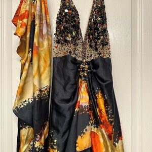 Tony Bowls Vintage Black and Gold Halter Gown